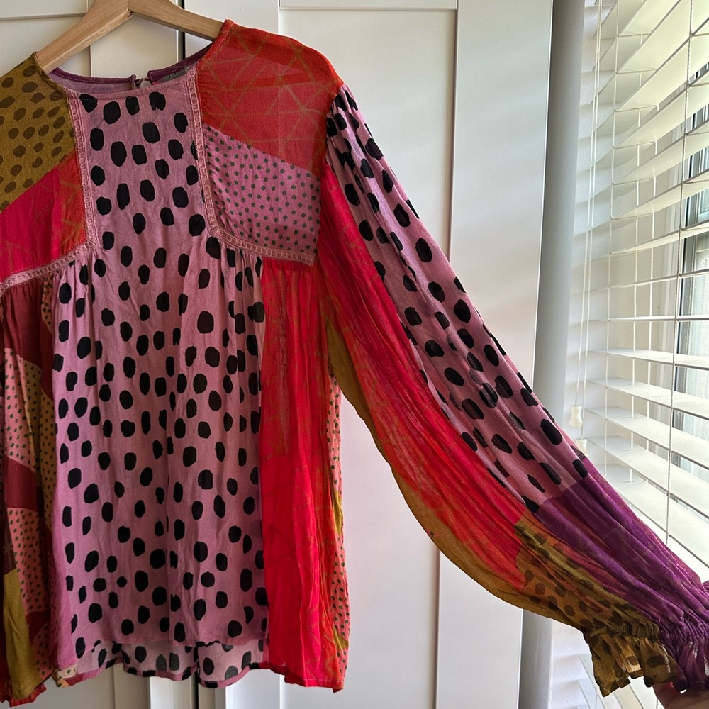 Anthropologie Pink Multi-Color Patchwork Polka Dot Blouse - Picture 2 of 7
